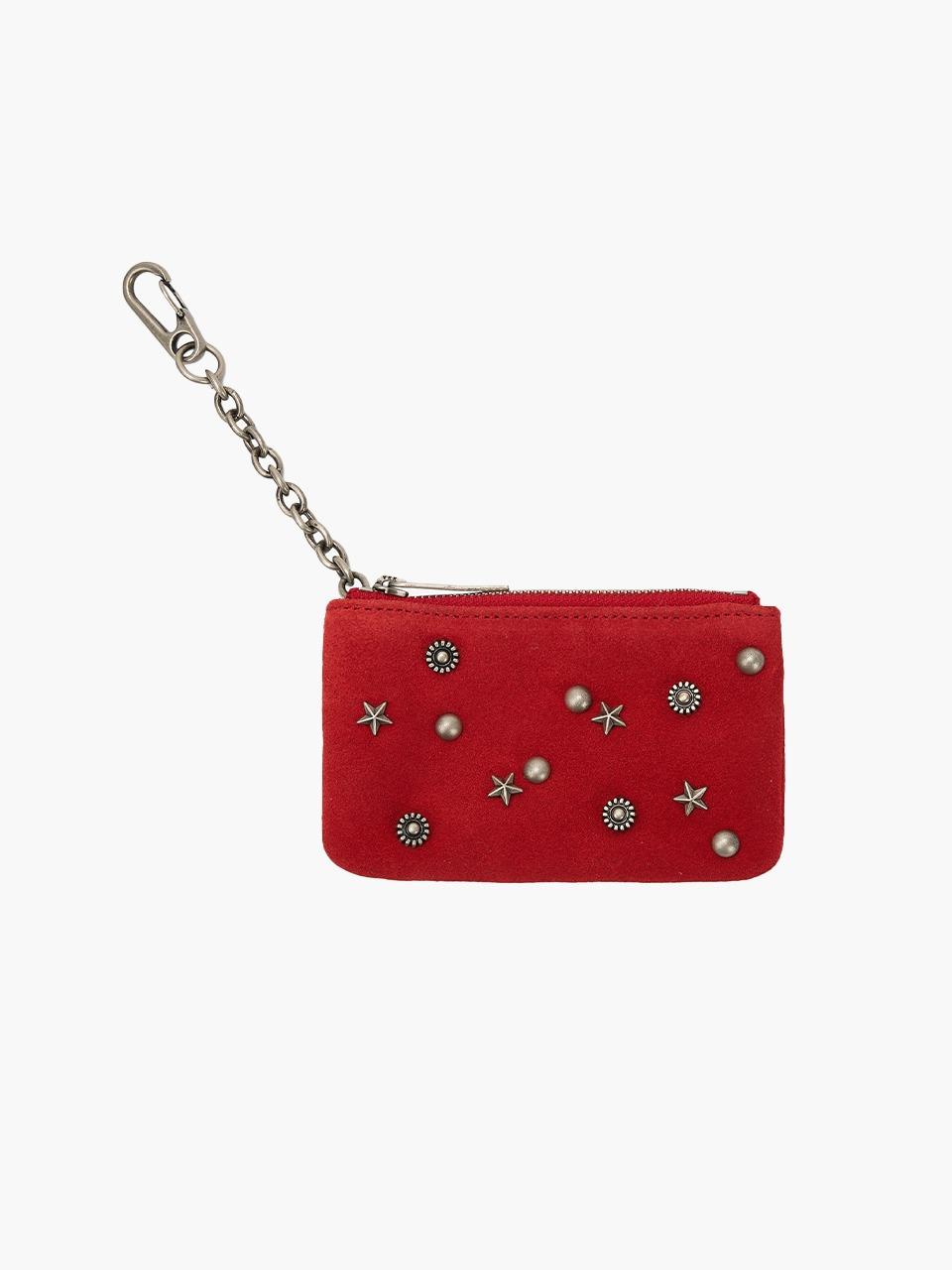 FULL STUD ZIPPER WALLET_red studded suede