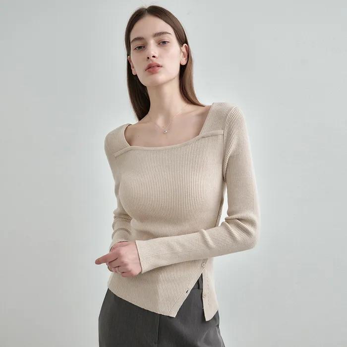 스퀘어넥 레이어드 사선 버튼 골지 니트 탑 MDKT123_6 Colors