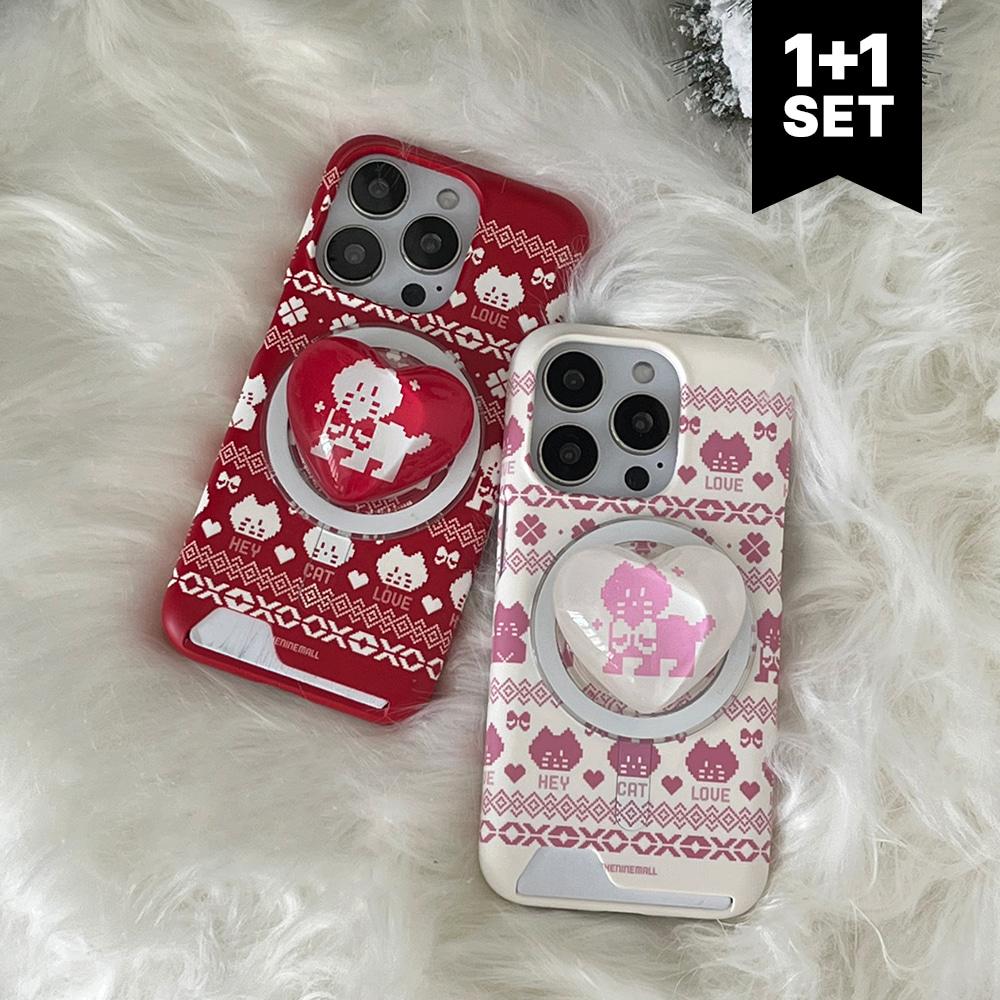 [1+1set] hey cat knit pattern [맥세이프 카드수납 폰케이스+맥세이프 하트 구슬톡]