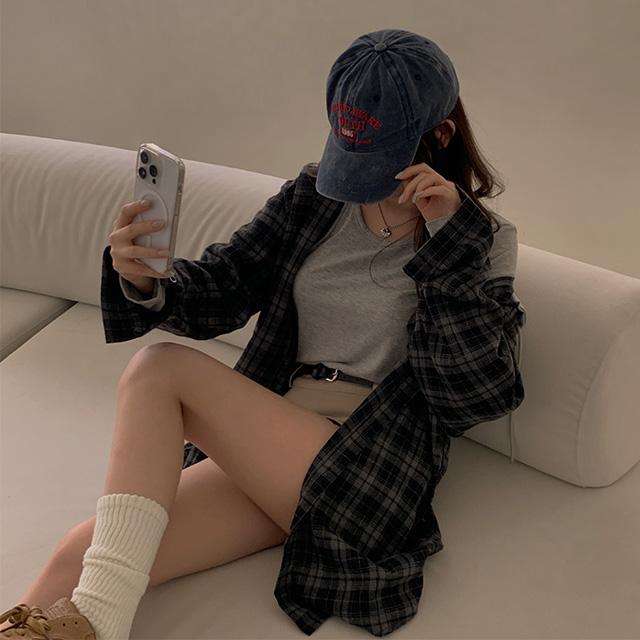 조이조이 [왕박시/귀여움!] 칸델 빈티지 체크 루즈핏 배색 후드 남방 오버핏 데일리 긴팔 셔츠 아우터