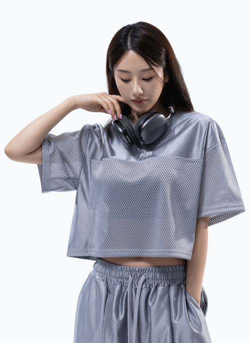 P5021 우먼 심플 럭비 메쉬 크롭반팔 [실버그레이]