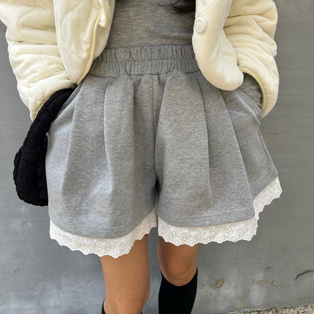 전체밴딩 하이웨스트 면 3부 레이스 핀턱 주름 숏팬츠