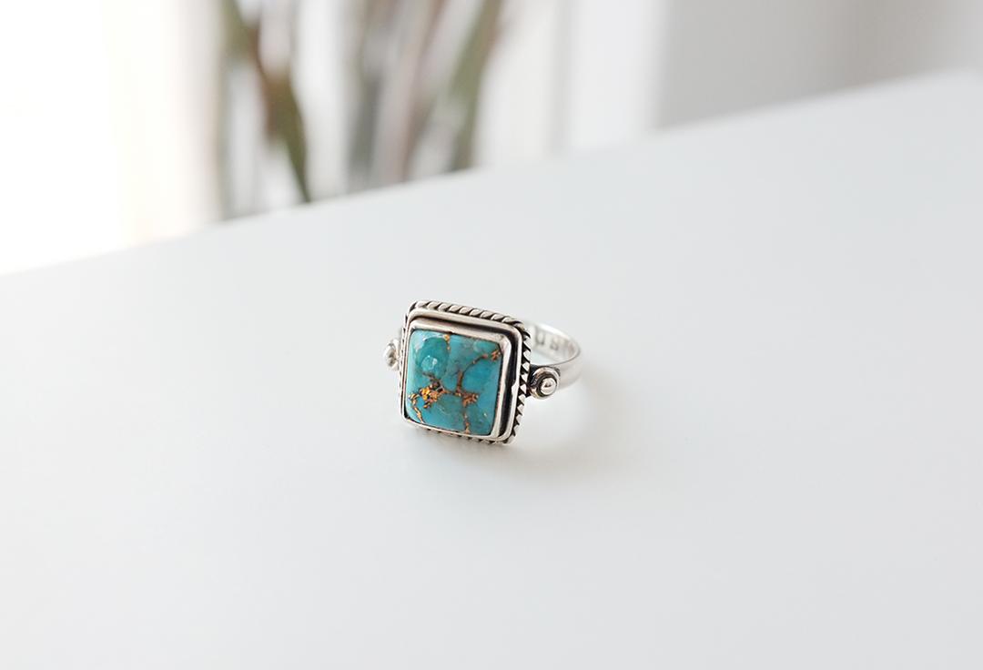 925 SILVER Turquoise gemstone square boho ring