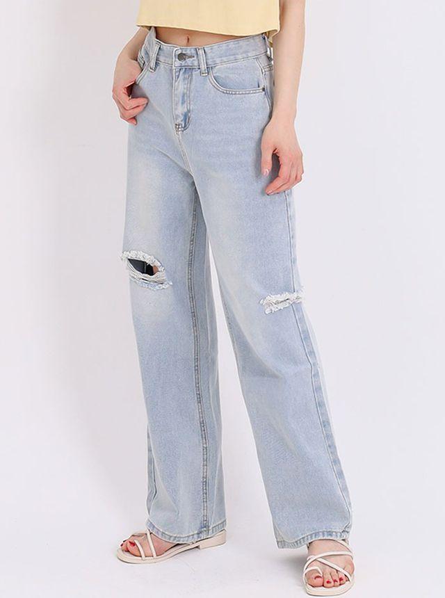 WJ615 하이웨이스트 사이드 찢청 와이드 데님팬츠/여성청바지/컷팅/와이드청바지/하이웨이스트청바지/