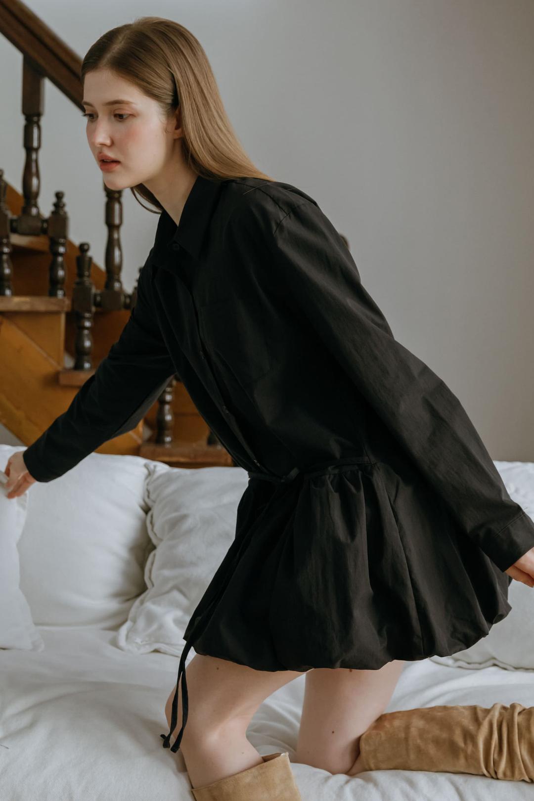 BALLOON LONG-SLEEVED SHIRT DRESS / BLACK