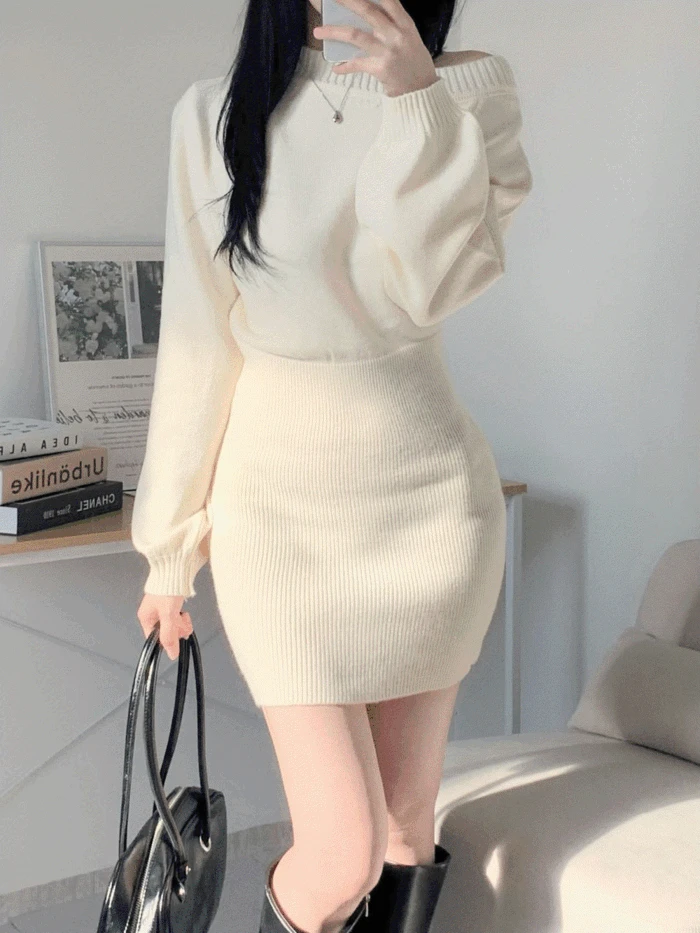 [슬림/연말룩추천] 로니 라인 오프숄더 니트 원피스 (3color)