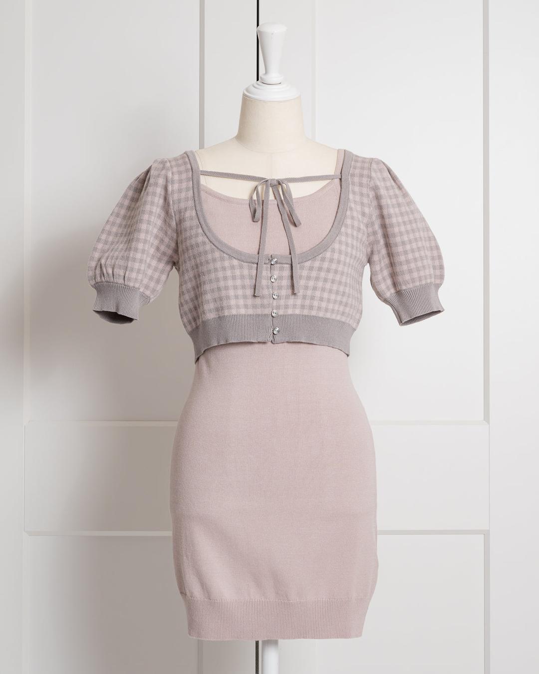 ギンガムレイヤードニットワンピ