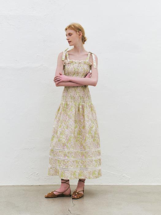 Ribbon Smocked Long Dress, Lime