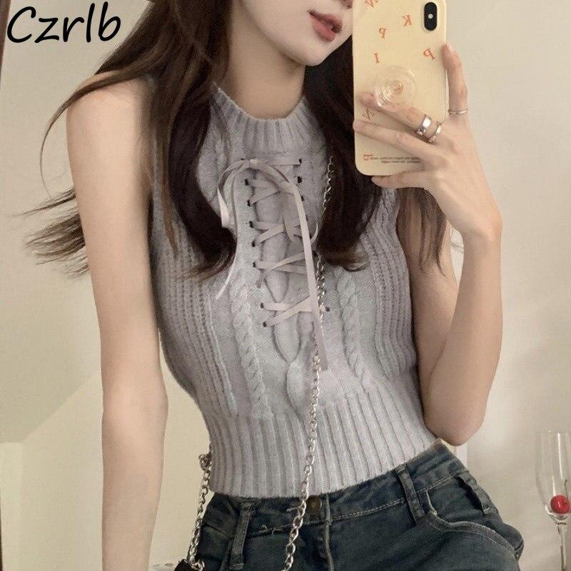 여성용 밴디지 니트 탱크, 우아한 한국 패션 스타일, 달콤한 여름, 올매치 러블리 크롭 탑, 캐주얼 레트로 디자인