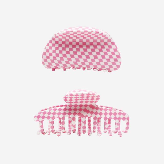 베이비 핑크 체커보드 헤어 집게핀