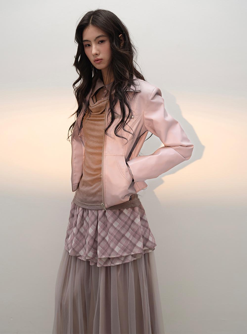 Smoke Pink Slim Short Motorcycle Leather Jacket