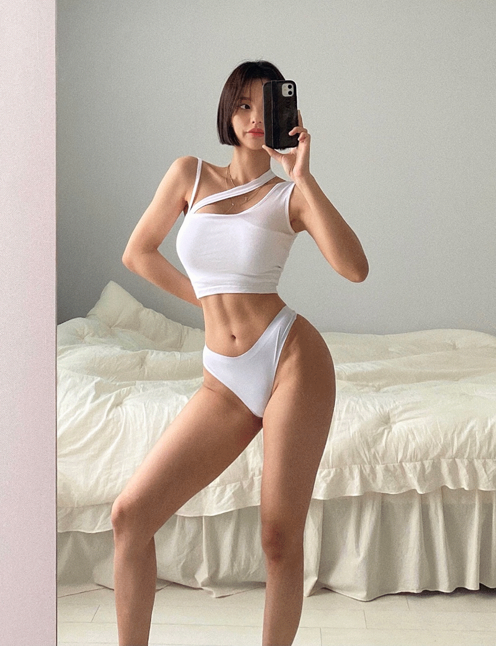 (캡내장,국내) 2cm 에릭 언발 크로스 크롭탑