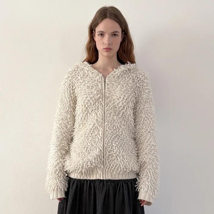 Sinoon Fringe Hooded Knit Zip-up (Ivory)