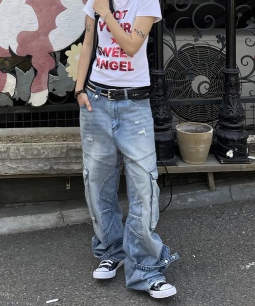 Washed Cargo Denim Detail Pants