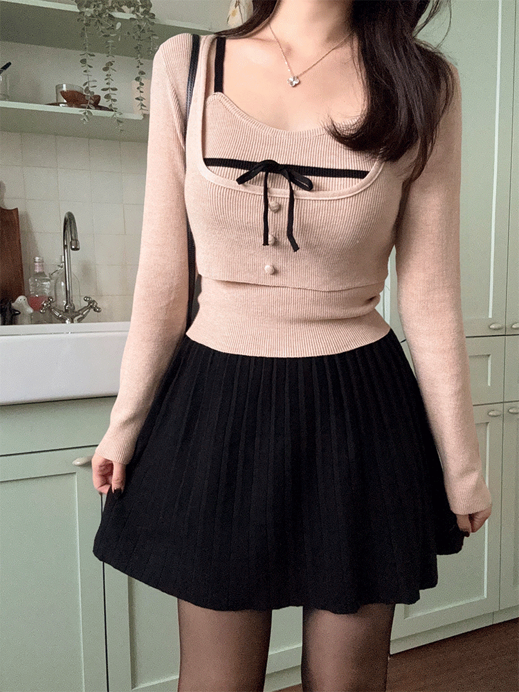 위시 배색 끈 나시 니트 세트