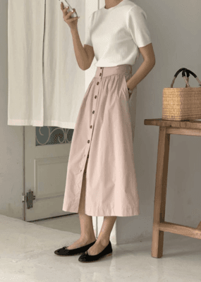 브루노 단추트임 밴딩 롱스커트 3col