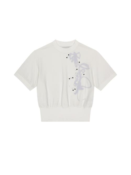 RIBBON GRAPHIC MOCK NECK TOP [WHITE]