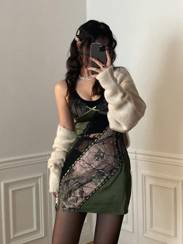 ♥ONLY VIVIC 266♥ETHNIC LEAF SEE-THROUGH POINT SATIN MINI DRESS