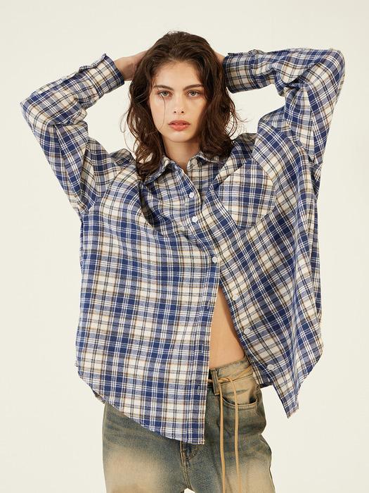 [5392] 유니섹스 오버 체크 셔츠 (블루)