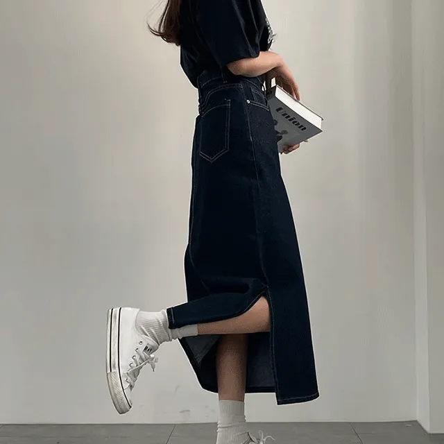 🚚당일출고(S-2XL,주문폭주) 난스판 옆트임 데님롱스커트