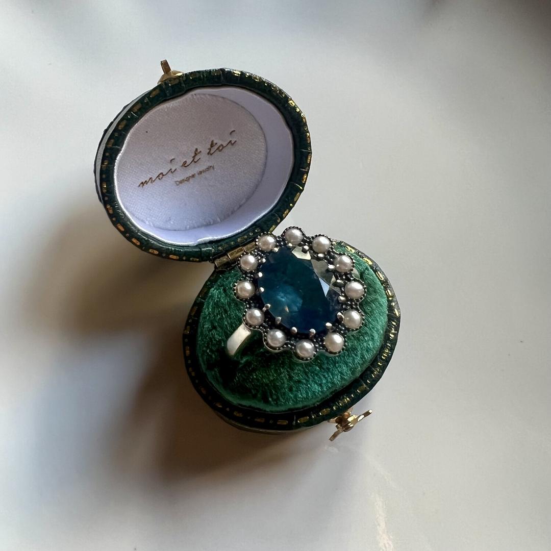 seed pearl & stone ring / aquamarine cut