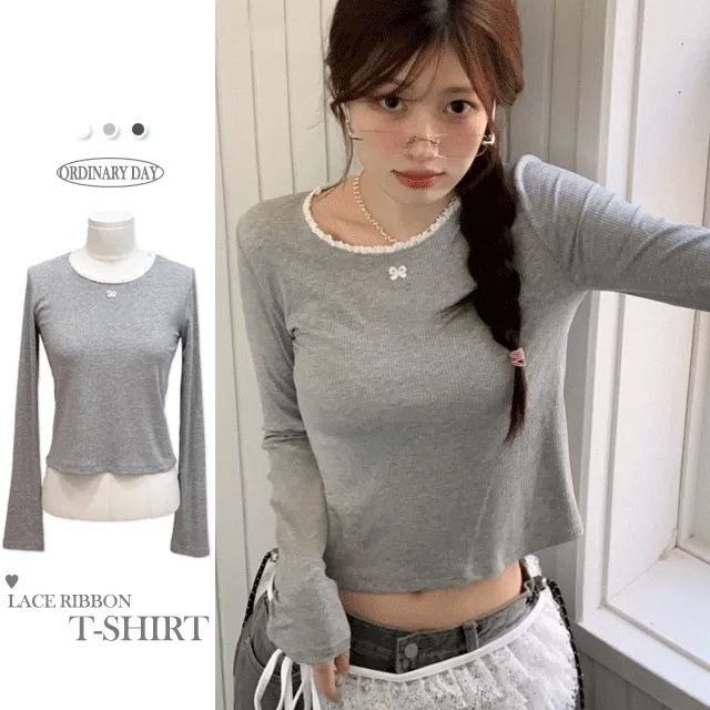 [리본레이스여리핏]라튤립 리본 레이스 배색 롱슬리브 골지 티셔츠 3color