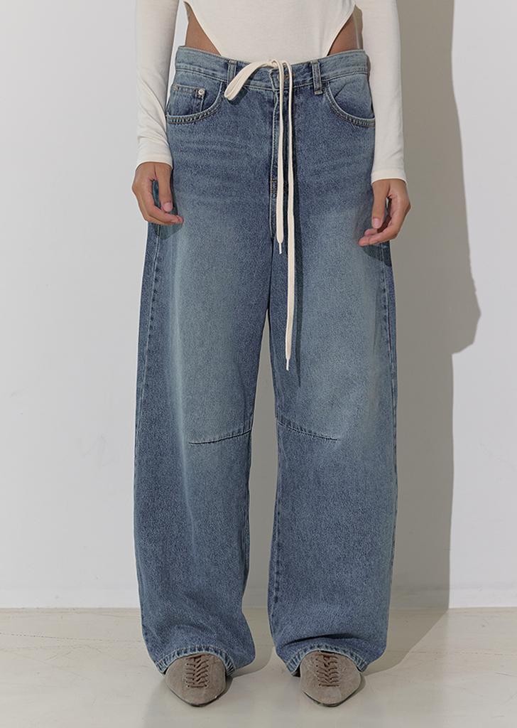STRING WASHED DENIM PANTS, BLUE