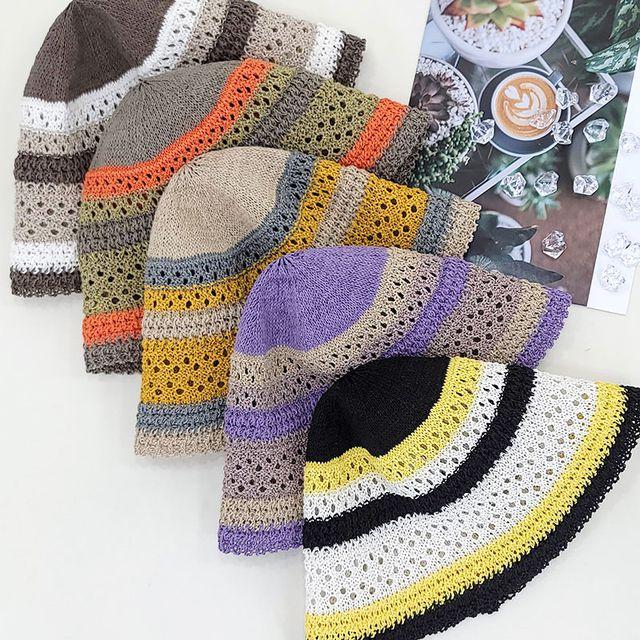 삼단배색 벙거지 버킷햇 보넷 여성 여름 니트 모자