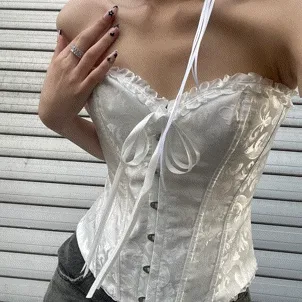Frill flower top/ 프릴 플라워 코르셋 리본 탑