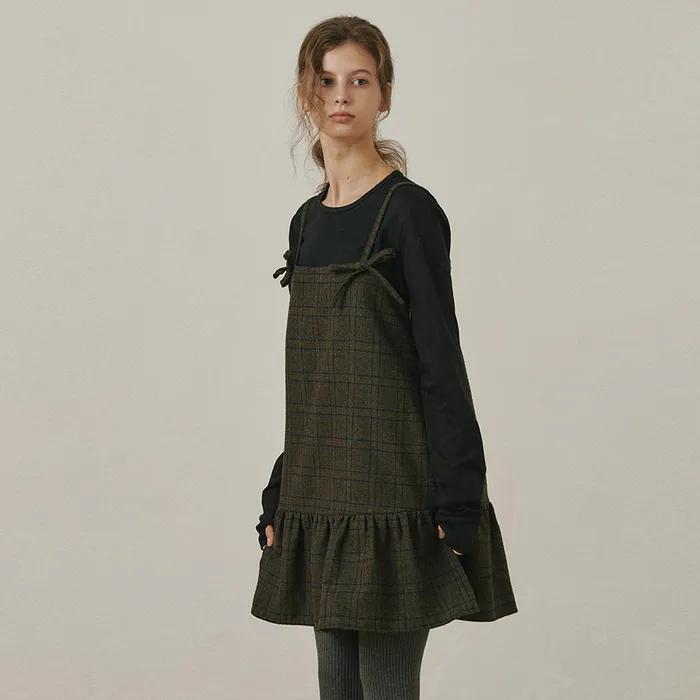 Flare ribbon check dress BROWN