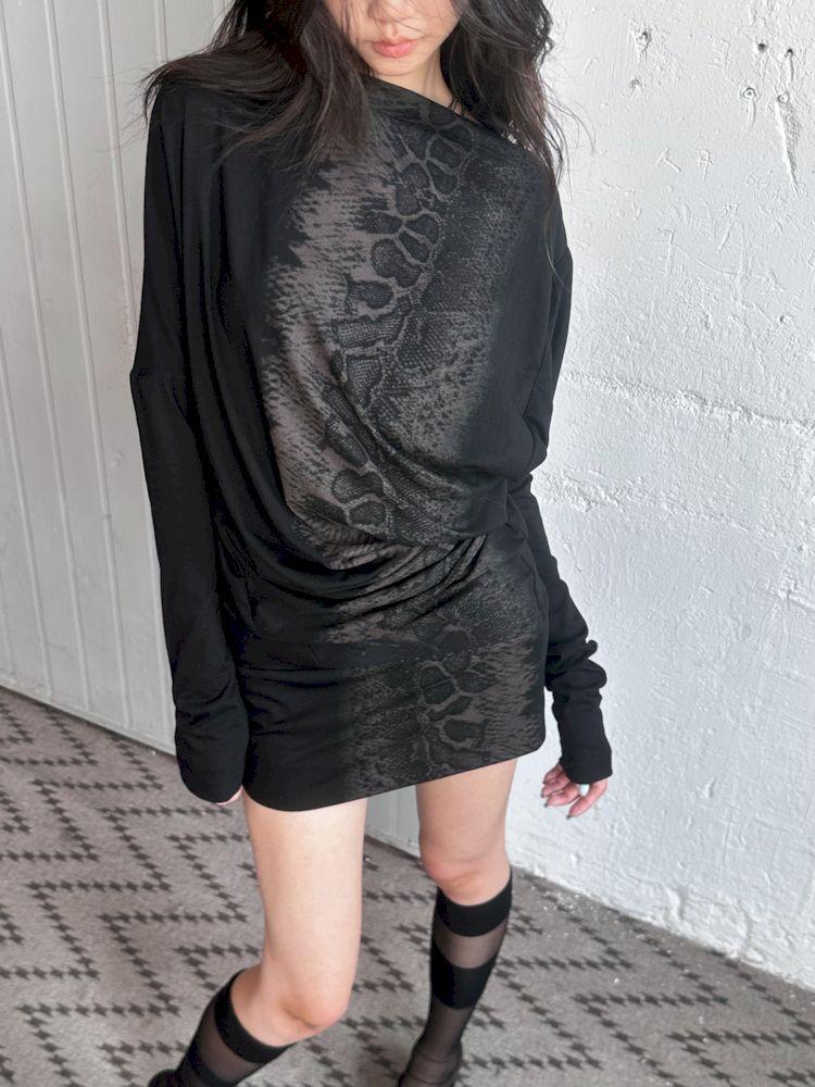 Irregular Snake Print Neck Slim Fit Stretch T-Shirt Dress【s0000008508】