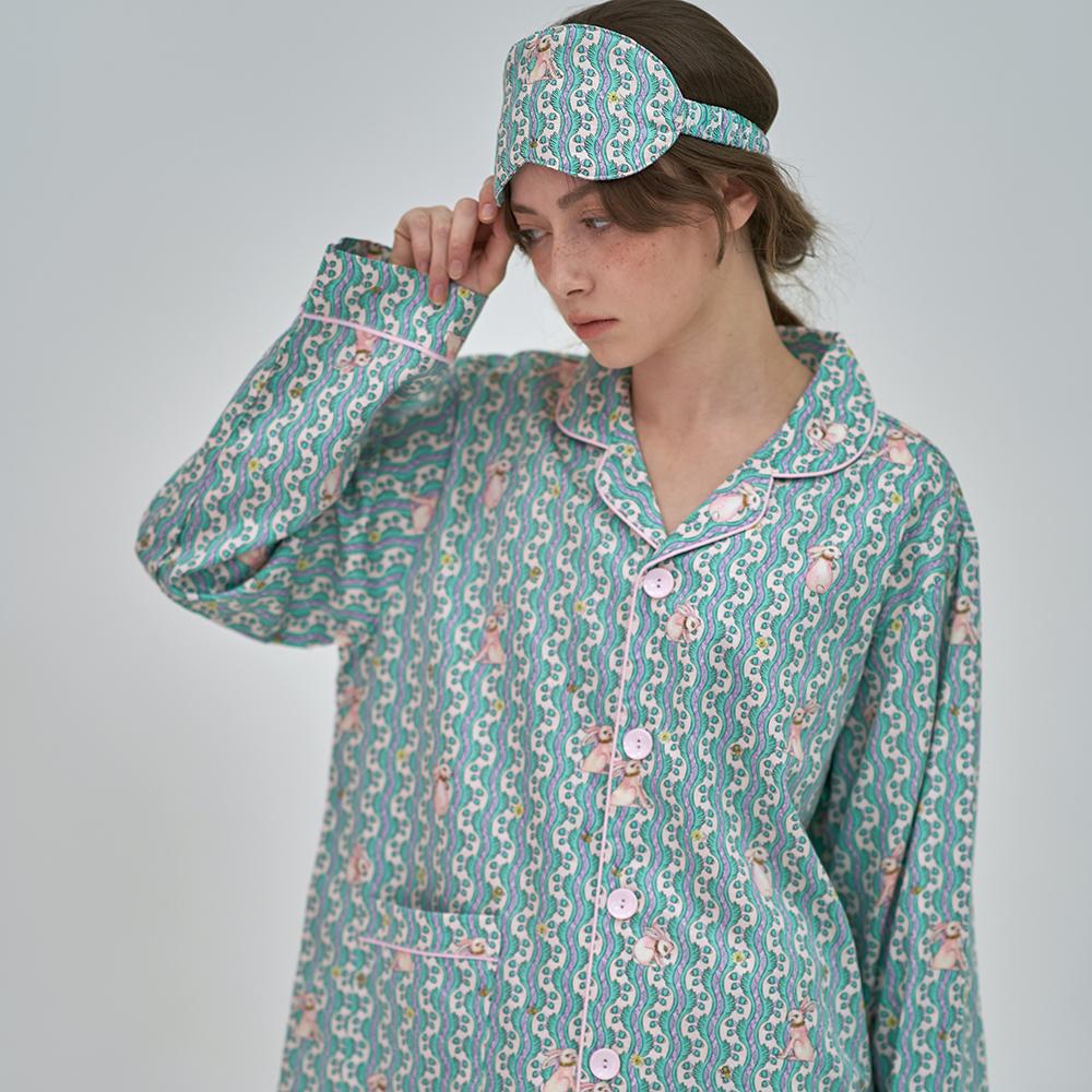 텐셀 모달 원더랜드 래빗 패턴 긴팔 세트 여성 커플 잠옷