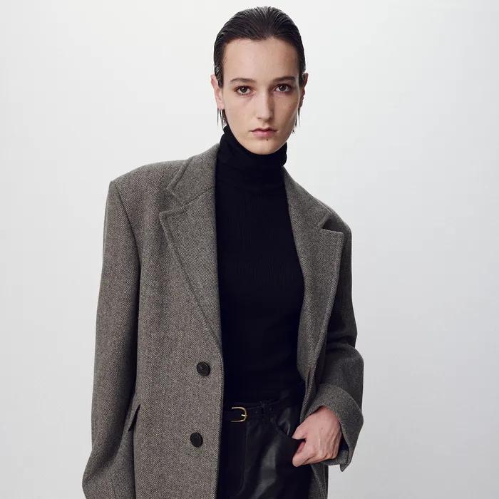 Herringbone Wool Tailored Single Coat_ Beige/Grey