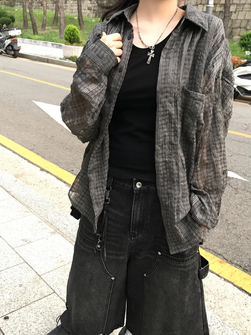 남녀공용 카즈야 링클 시스루 시어서커 셔츠