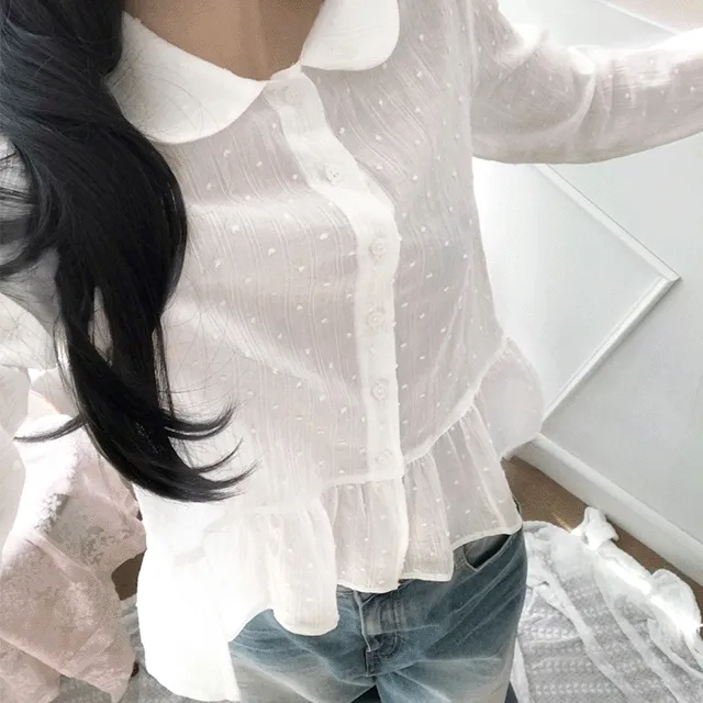 [MD PICK!] [문의폭주] DOT EMBROIDERED BLOUSE (2color) [도트 자수 시스루 긴팔 롱슬리브 카라 블라우스 셔츠 살안타템 봄 하객룩 데일리룩]