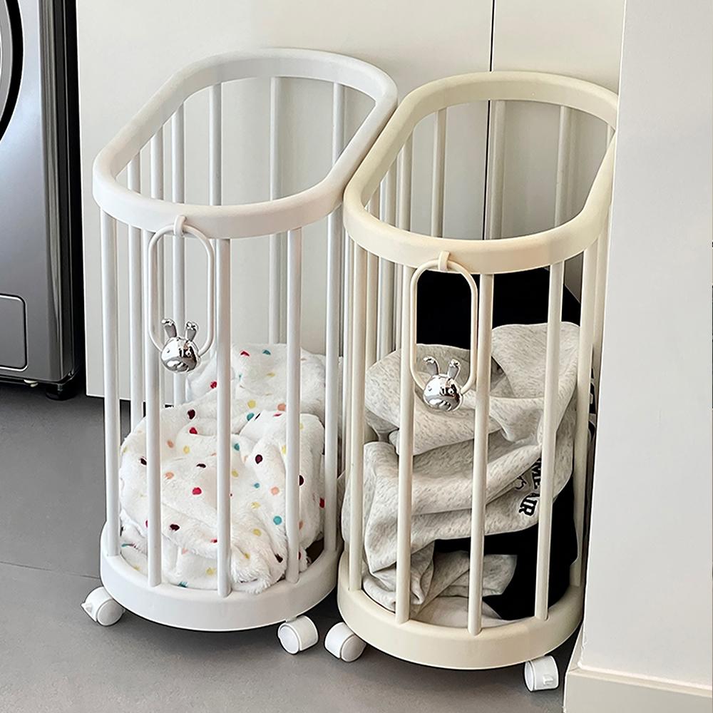 루시아이 [✨신상특가✨]토끼 핸들 틈새 빨래바구니 이동식 폼롤러 카트 트롤리 틈새 수납 선반 보관함 옷장 이불 옷 의류 홈트 보관 틈새 운동기구 선반 미니 카트 요가매트 롤러 정리 바스켓