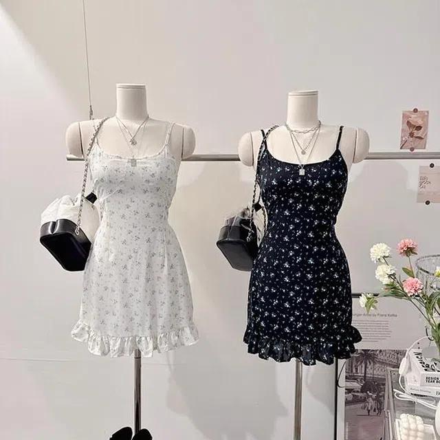 [페미닌!/바캉스룩!] 여름 쥬시 잔꽃 플라워 나염 배색 라운드넥 밴딩 스모크 레이어드 이너 무지 A라인 플레어 주름 플리츠 셔링 프릴 캉캉 슬립 뷔스티에 나시 미니 원피스 [2color]