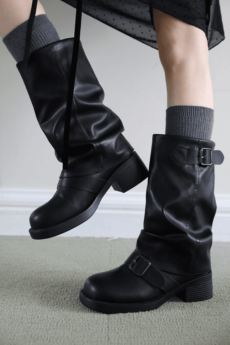 링클 스트랩  미들 부츠