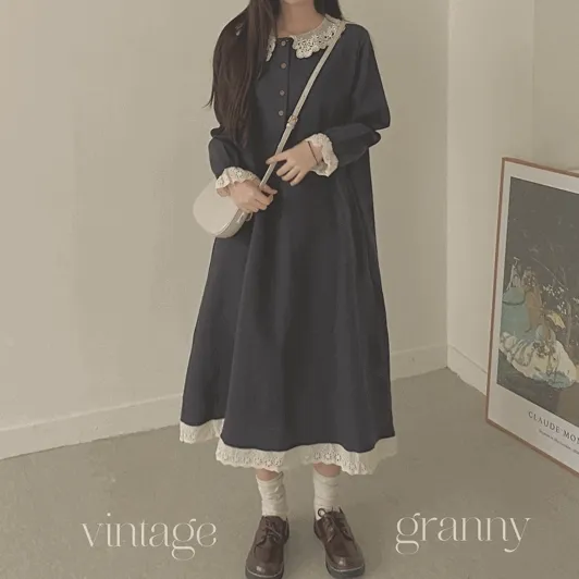 fire place 빈티지 뜨개 카라 반오픈 롱원피스