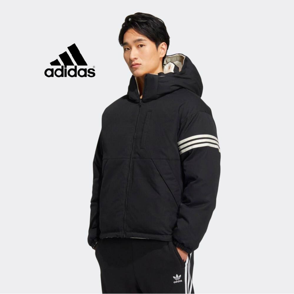 아디다스 남성 NEU 다운 자켓 블랙 삼선 로고 양면 베이지 겨울 패딩 HS7283