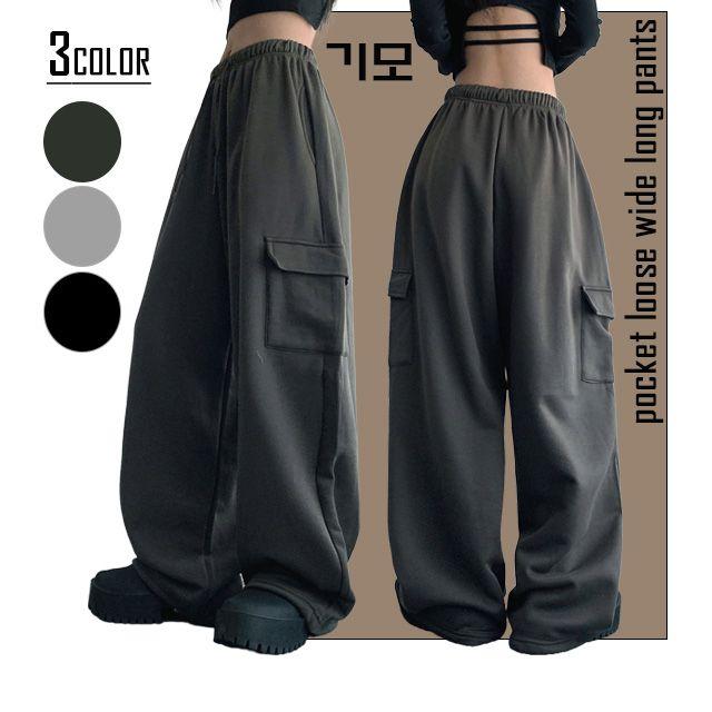 [기본,롱/남녀공용] 기모 카고 포켓 루즈 와이드 롱 팬츠_프리플랜