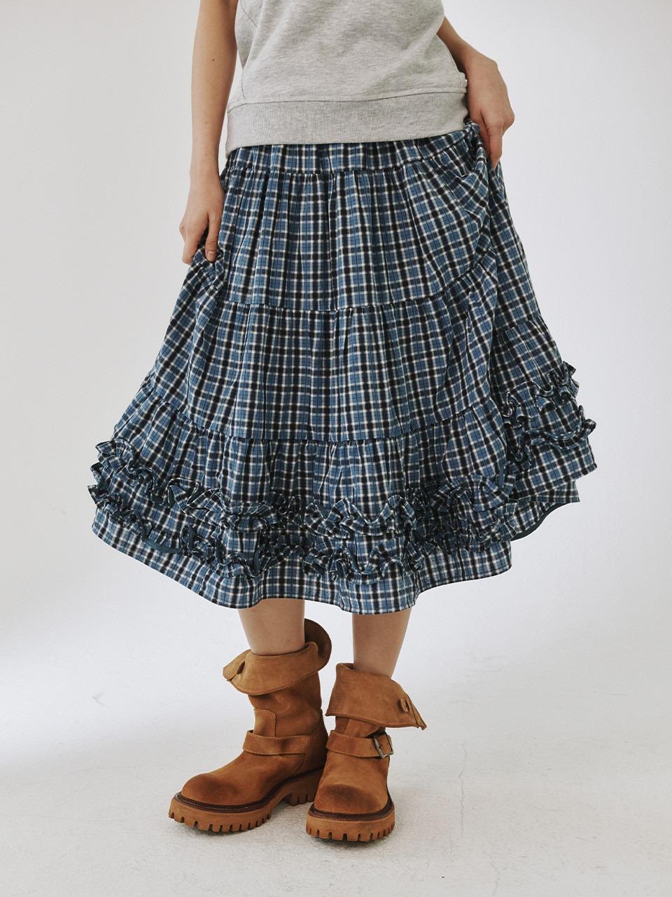 [PLZPROJECT]MIDDLE FRILL SKIRT, BLUE CHECK