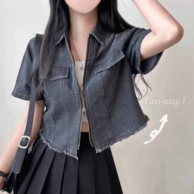 당일발송 [24SS/투웨이~] 빈티지,밑단 컷팅 크롭 반팔 데님 청자켓 [2color]