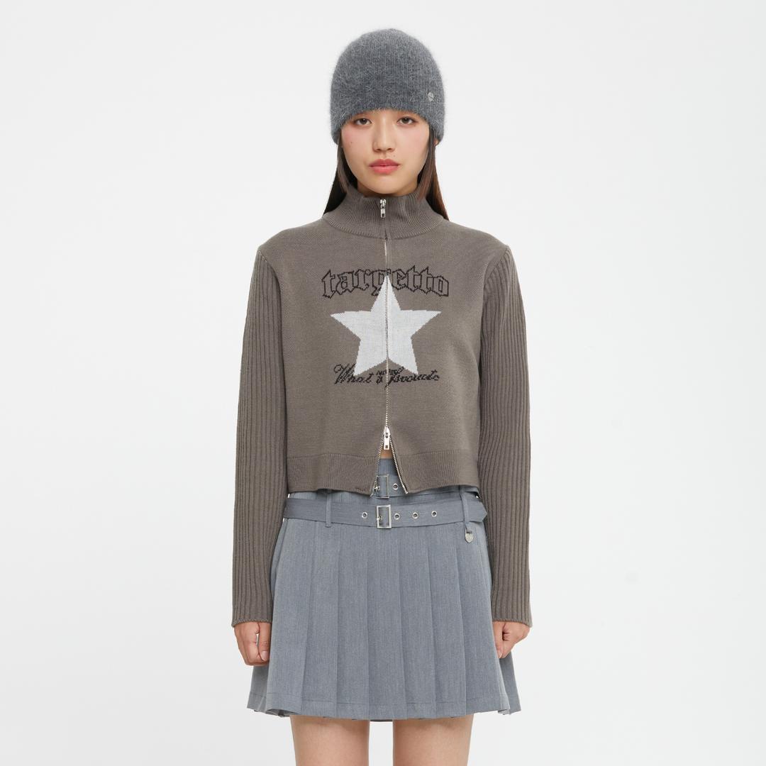 STAR SLIM KNIT ZIP UP_KHAKI