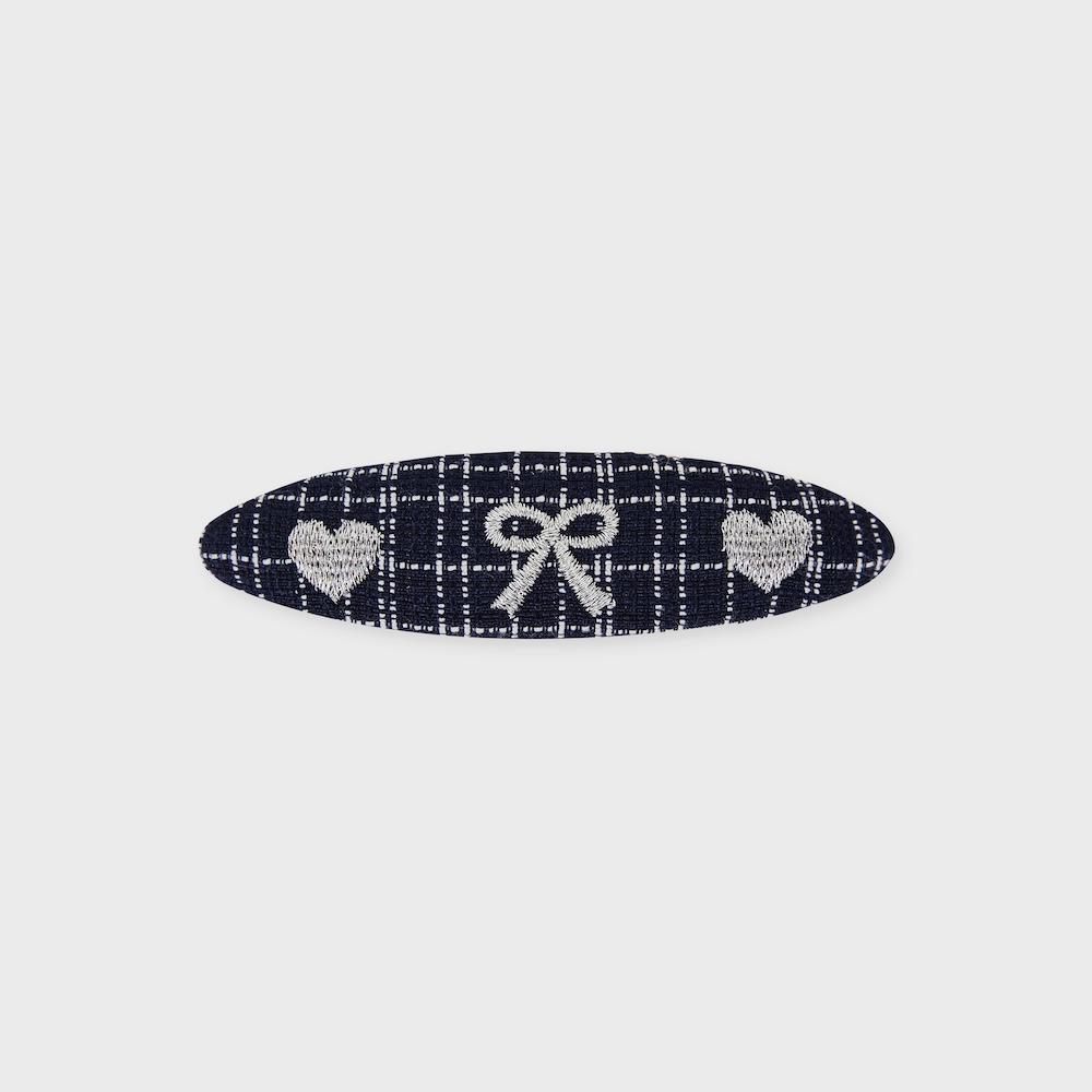 hair pin ribbon heart navy tweed