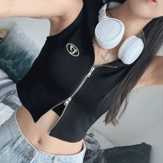 [투웨이o] circle 픽셀 나시 크롭 후드 조끼 집업