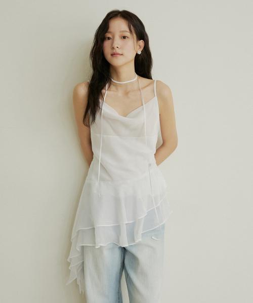 Drape neck unbalance shirring layered blouse - white