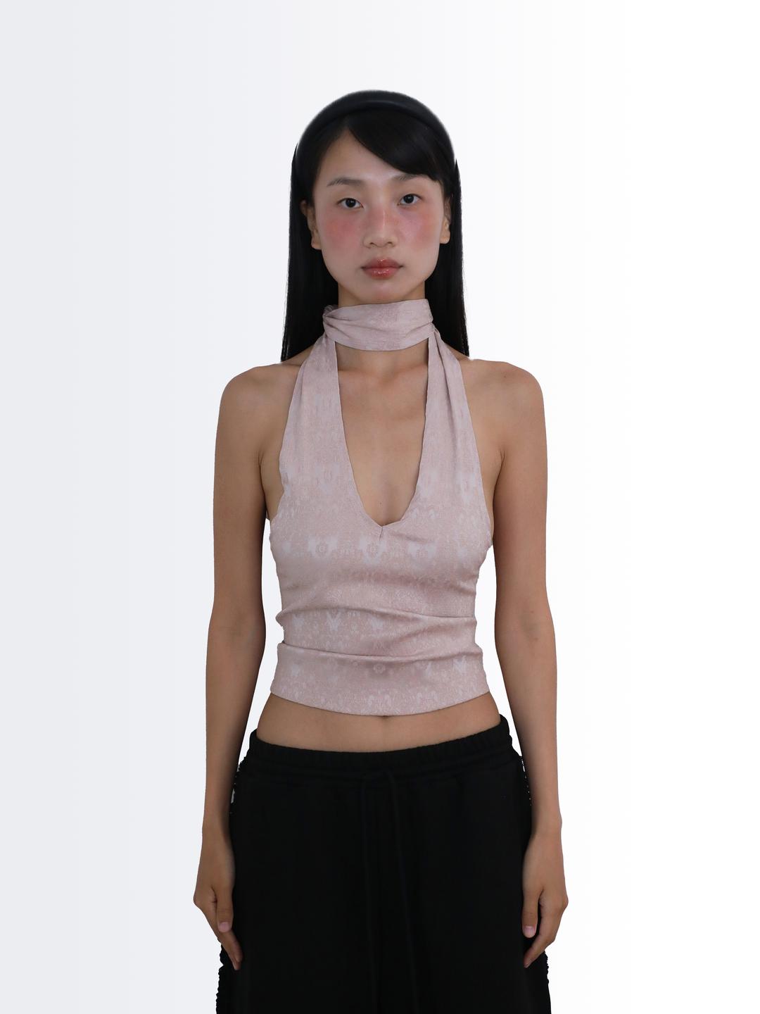 JACUARD V-NECK HALTER SLEEVELESS TOP [PINK]