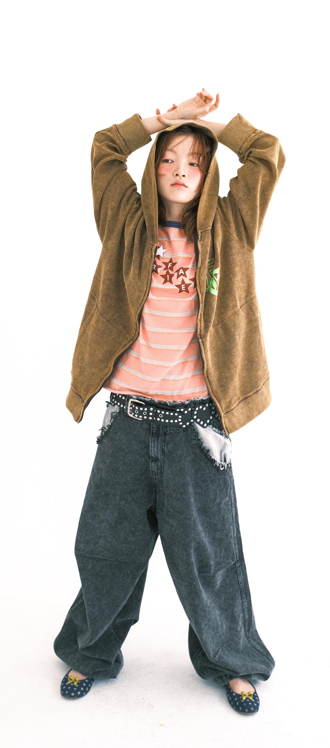 [F.E.E.S] color washing waffle zip-up (brown)