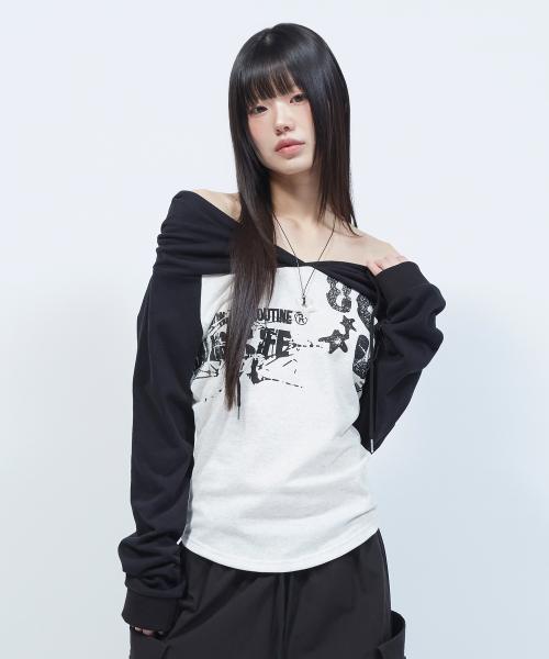 오프숄더 레터링 그래픽 후드 긴팔 티셔츠 OATMEAL